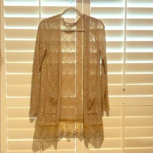Lightweight long taupe cardigan with lace